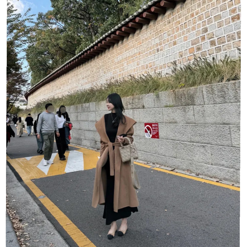 韩国东大门代购秋冬羊毛连帽大衣开襟长款腰带
