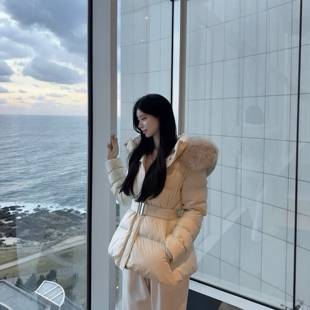 高端秋冬羽绒服狐狸毛连帽短外套腰带 韩国东大门代购