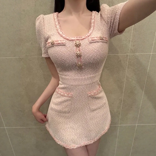 高端泡泡袖 代购 粉色连衣裙 韩国正品