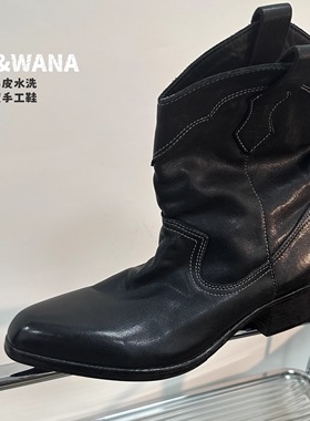 维普瓦纳2025新款秋冬水洗复古马皮鞋女平底系带西部牛仔靴真皮靴