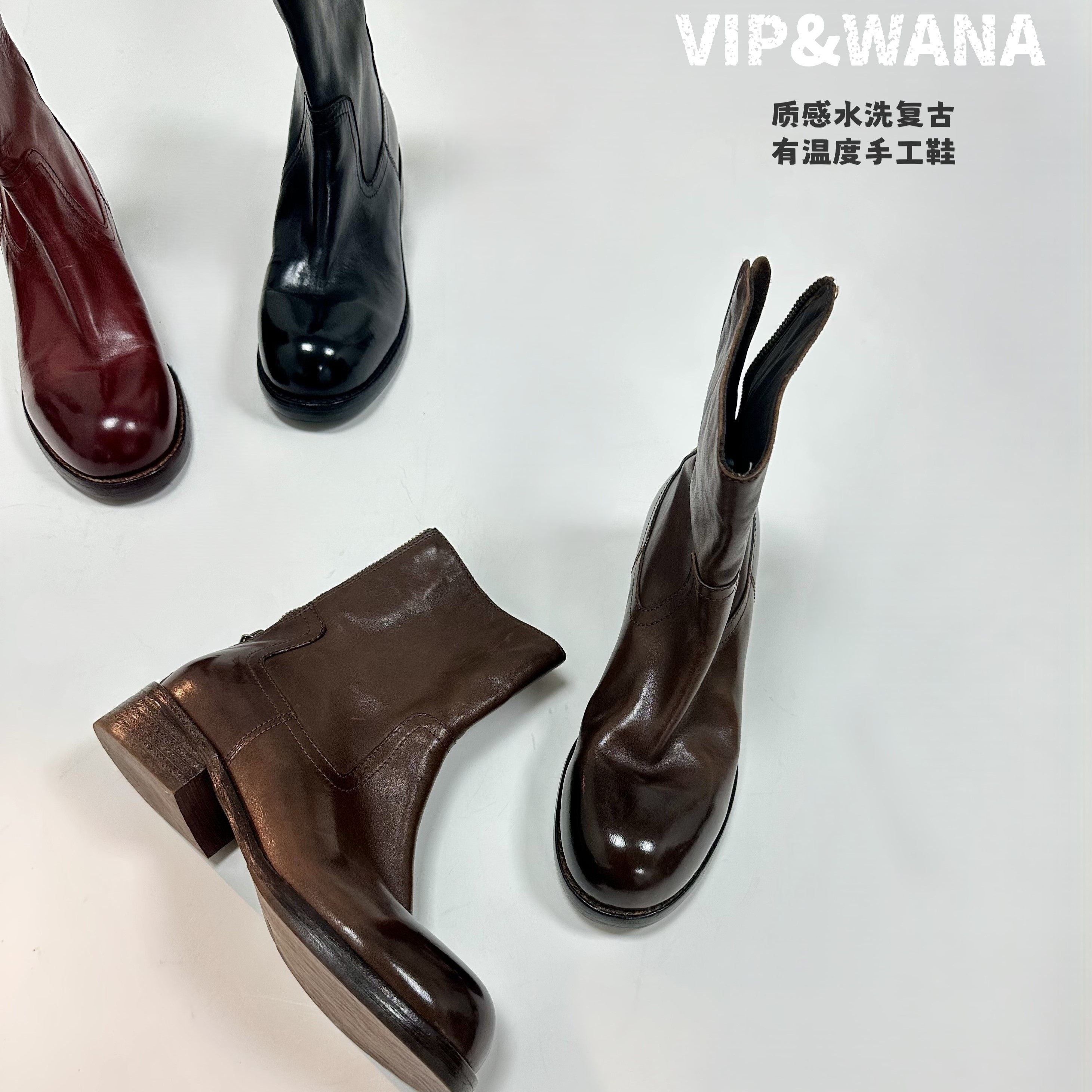 意大利工艺水洗复古马皮鞋2025新款女粗跟潮靴西部牛仔靴真皮女靴