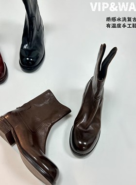 意大利工艺水洗复古马皮鞋2025新款女粗跟潮靴西部牛仔靴真皮女靴