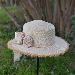 法式古董平顶麦秆流苏礼帽遮阳草帽麻纱玫瑰花朵蕾丝蝴蝶旅行女帽