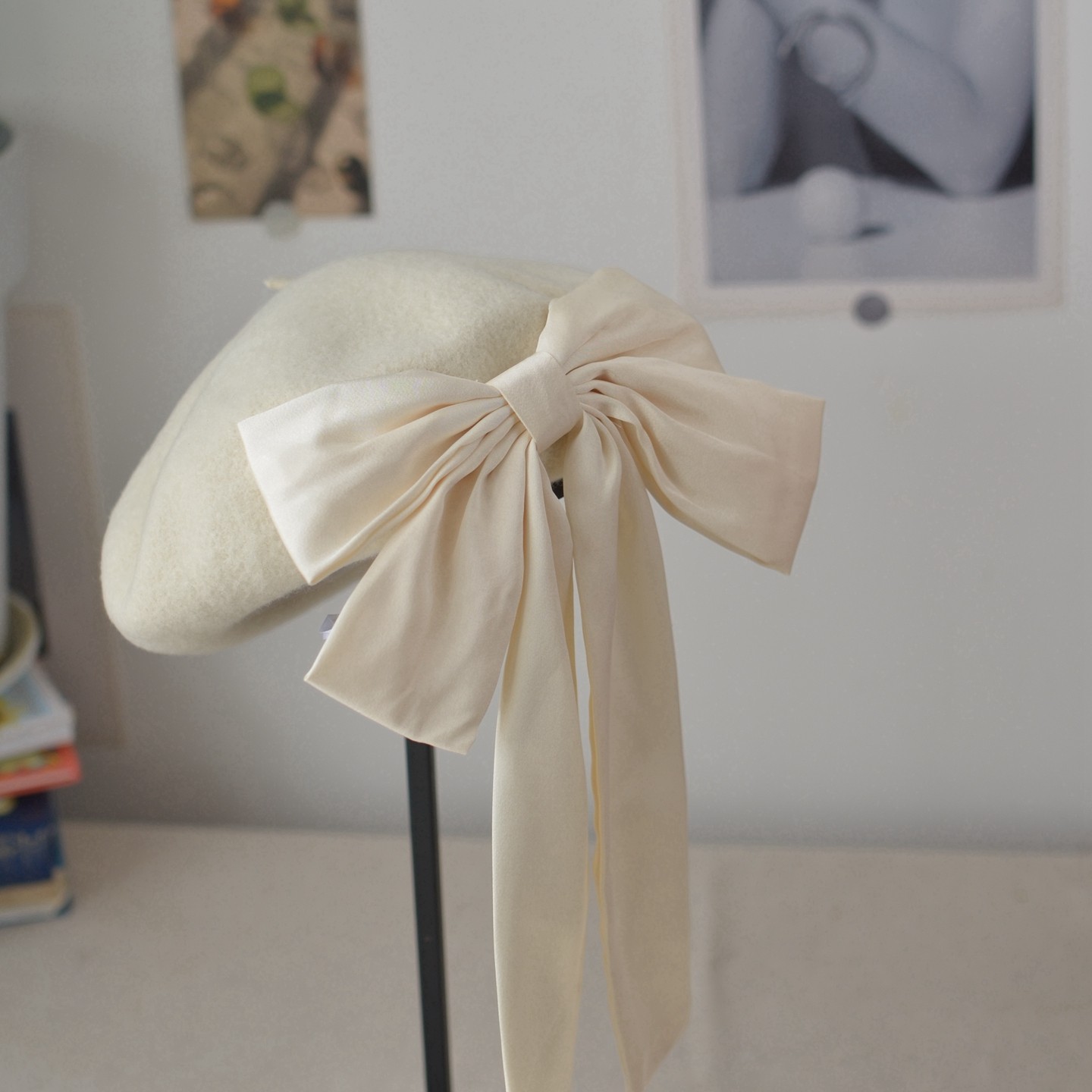 秋冬大码立体蘑菇南瓜帽羊毛呢子复古贝雷帽文艺蝴蝶结飘带女帽子