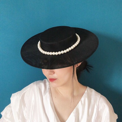 法式古董浅口麻纱礼帽扁帽胚复古写真道具珍珠优雅简约造型帽子女