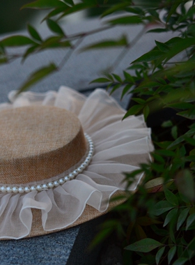 法式复古宫廷风珍珠褶皱花边浅口造型写真礼帽女帽子扁帽旅拍