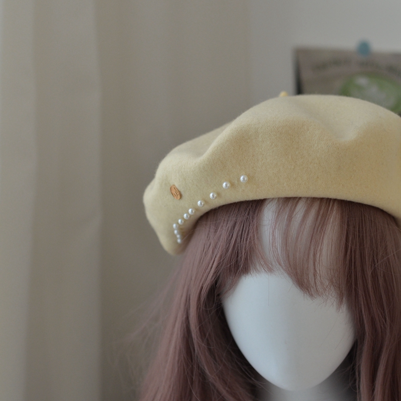 甜美奶油色珍珠铆钉字母画家帽