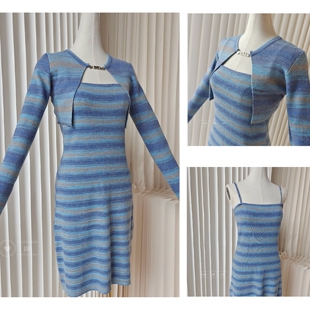 聆家 裙0.450kg两件 小清新条纹针织毛衣连衣裙 套装 包邮 小短衫