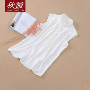 打底衫 白色衬衣休闲修身 春秋女装 立领花边无袖 秋微雪纺衫 衬衫 新款