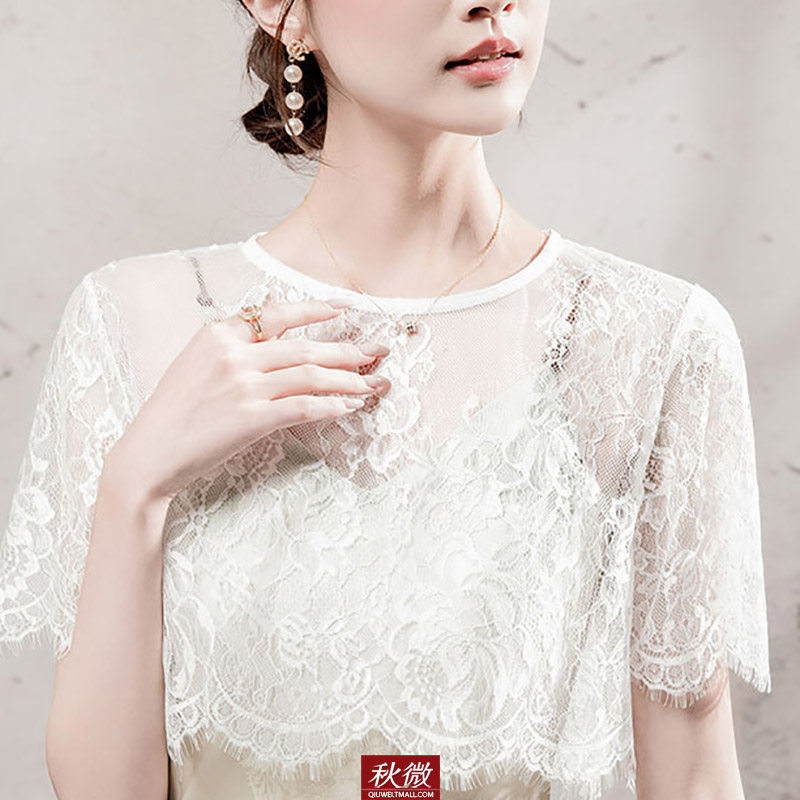秋微2026新款蕾丝假领女短袖透视薄纱外搭叠穿罩衫白色上衣