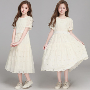 小清晰裙子 夏季 童装 女童短袖 中大儿童 镂空花边织带女孩连衣裙