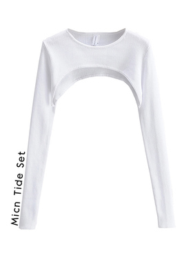 欧美博主高腰时髦圆弧小披肩短款叠穿性感小心机露胸套头针织衫女