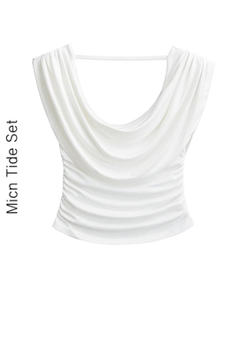 纯欲白色荡领褶皱无袖T恤女夏季法式甜辣修身短款设计感露背上衣