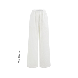 BM MICN白色重工刺绣雏菊花花阔腿裤女抽绳休闲裤宽松慵懒长裤子