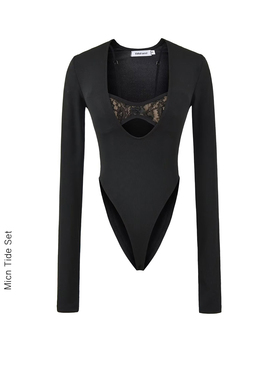 MICN纵情都市两件套黑色长袖连体衣女性感辣妹紧身蕾丝v领T恤上衣