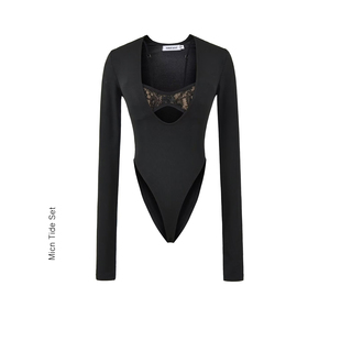 MICN纵情都市两件套黑色长袖连体衣女性感辣妹紧身蕾丝v领T恤上衣
