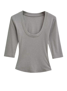 BM MICN纯欲风U领中袖修身t恤女夏季新款气质显瘦正肩针织上衣