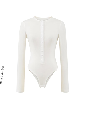 小众设计感亨利领螺纹连体针织衫女早秋新款修身显瘦打底T恤上衣