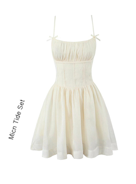 海边度假风氛围感鱼骨短裙子女甜美蝴蝶结白色仙女吊带连衣裙