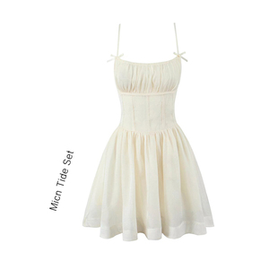 海边度假风氛围感鱼骨短裙子女甜美蝴蝶结白色仙女吊带连衣裙