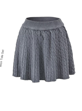 MICN格雷系穿搭灰色绞花针织半身裙女法式松紧腰显瘦百搭A字短裙