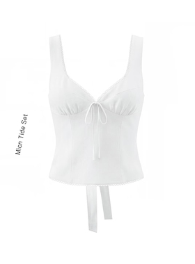 法式简约少女感蝴蝶结白色背心女方领低胸性感辣妹短款吊带上衣