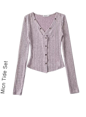 纯欲风性感软糯坑条针织开衫女春秋季柔气质扭结单排扣长袖毛衣