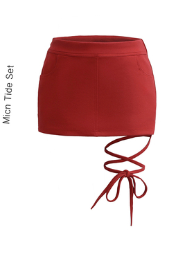 美式辣妹红色包臀短裙裤夏季绑带性感辣妹风低腰紧身显瘦半身裙女