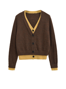 假两件v领撞色拼接毛针织开衫外套女初秋季新款慵懒软糯紫色毛衣