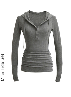 松弛邂逅高弹力连帽亨利领长袖针织上衣女叠搭紧身显瘦T恤打底衫