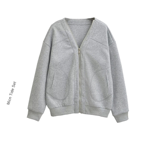 BM MICN休闲解构式V领拉链灰色卫衣外套秋季宽松慵懒风百搭上衣