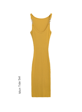 BM MICN假日多巴胺黄色针织吊带连衣裙女修身显瘦中长款包臀裙子