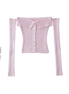 纯欲辣妹一字肩抹胸露肩粉色针织衫女性感修身显瘦打底排扣上衣