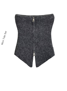 MianCun格雷系辣妹针织抹胸上衣女灰色收腰显瘦拉链内搭露肩背心