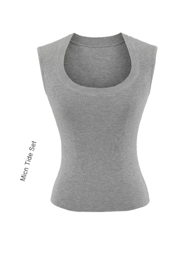 BM MICN黑色U领无袖针织背心女夏新款韩版气质休闲百搭短款上衣