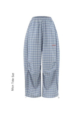 美式复古蓝色弯刀跳舞格子裤女春夏宽松慵懒风垂坠感阔腿休闲裤子