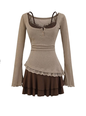 绝美辣妹收腰气质真两件套纯欲蕾丝连衣裙女秋季收腰设计裙子套装