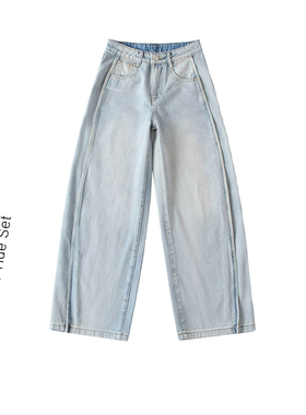 BM MICN美式复古镰刀阔腿盖脚长裤蓝色直筒宽松休闲水洗牛仔裤女