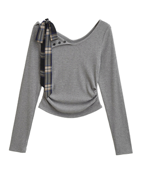 BM MICN解构式设计灰色长袖T恤女秋季蝴蝶结绑带不规则领针织上衣