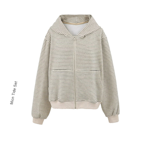 连帽卫衣女早秋新款 复古条纹拉链开衫 宽松休闲外套 MICN美式