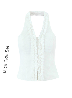 原创法式花朵边后背松紧白色上衣女夏季新款纯欲吊带修身挂脖背心