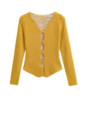 MICN黄色蕾丝拼接针织衫女秋修身设计感小众假两件长袖打底上衣