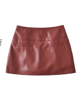 安可拉红色PU皮短裙女秋冬新款中高腰显瘦防走光性感包臀半身裙