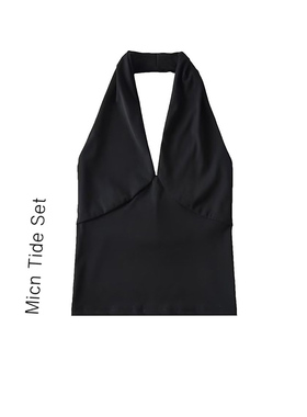 辣妹黑色V领挂脖性感露背背心女外穿设计感修身短款内搭吊带上衣