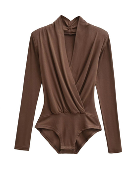 MICN性感V领抽皱长袖连裆上衣女法式纯欲气质连体针织衫修身T恤