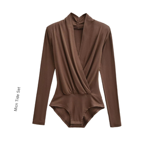 MICN性感V领抽皱长袖连裆上衣女法式纯欲气质连体针织衫修身T恤