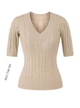 BM MICN叠穿收腰V领麻花短袖针织衫女通勤保暖毛衣螺纹坑条打底衫