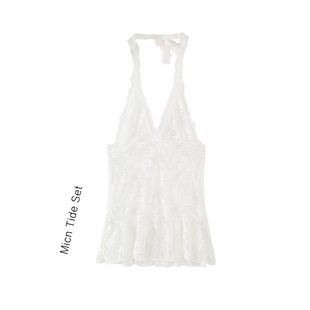 棉村 甜美气质女叠穿神器镂空蕾丝透视短裙女内搭挂脖系带连衣裙