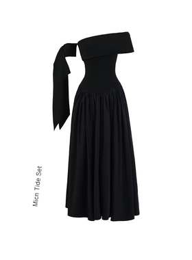 MICN法式赫本风一字肩飘带大裙摆黑色连衣裙女夏显瘦气质御姐长裙