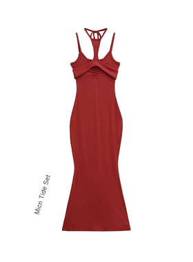 性感挂脖露肩气质红色连衣裙夏设计感收腰包臀裙女辣妹气质长裙